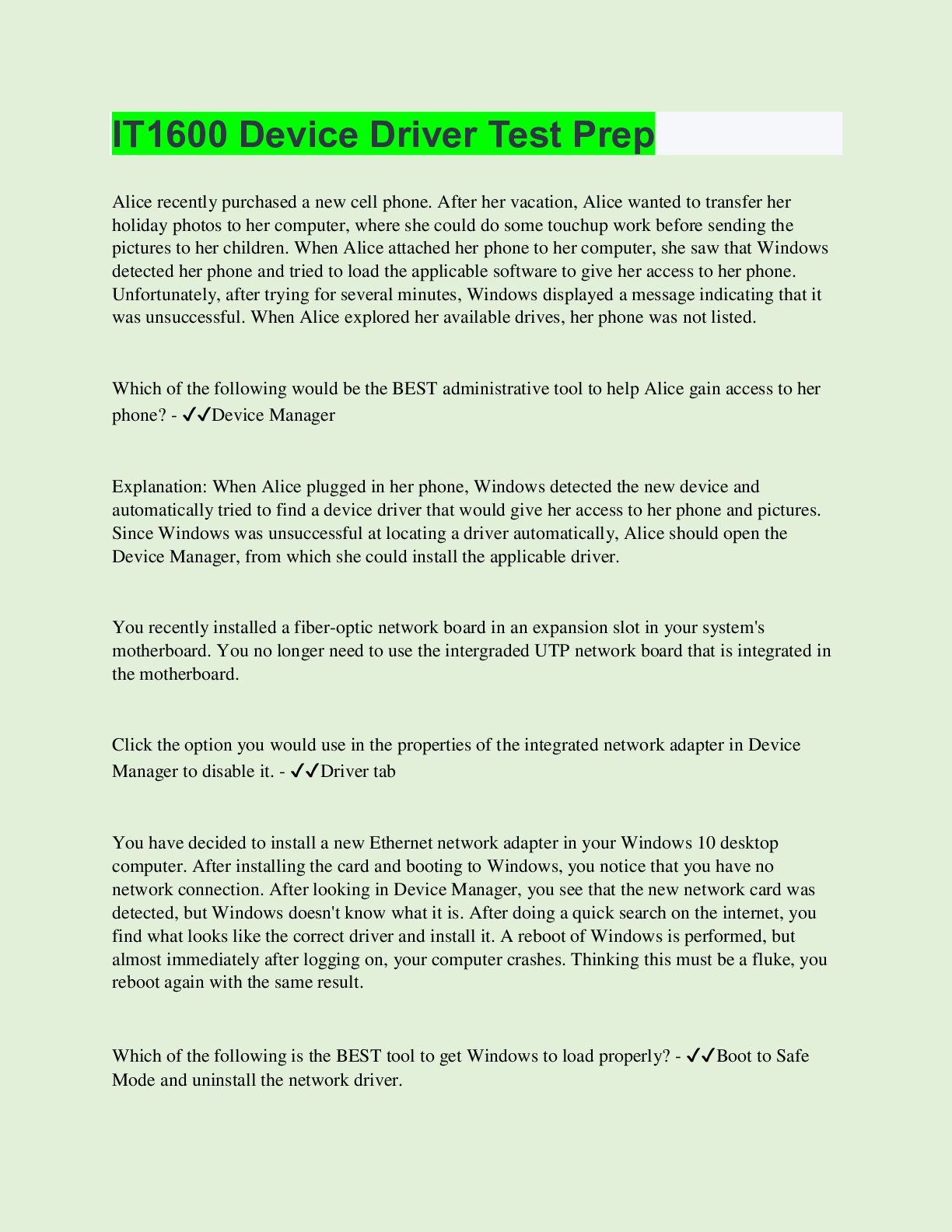 Preview of IT1600 Device Driver Test Prep | with 100% Correct Answers | Updated & Verified